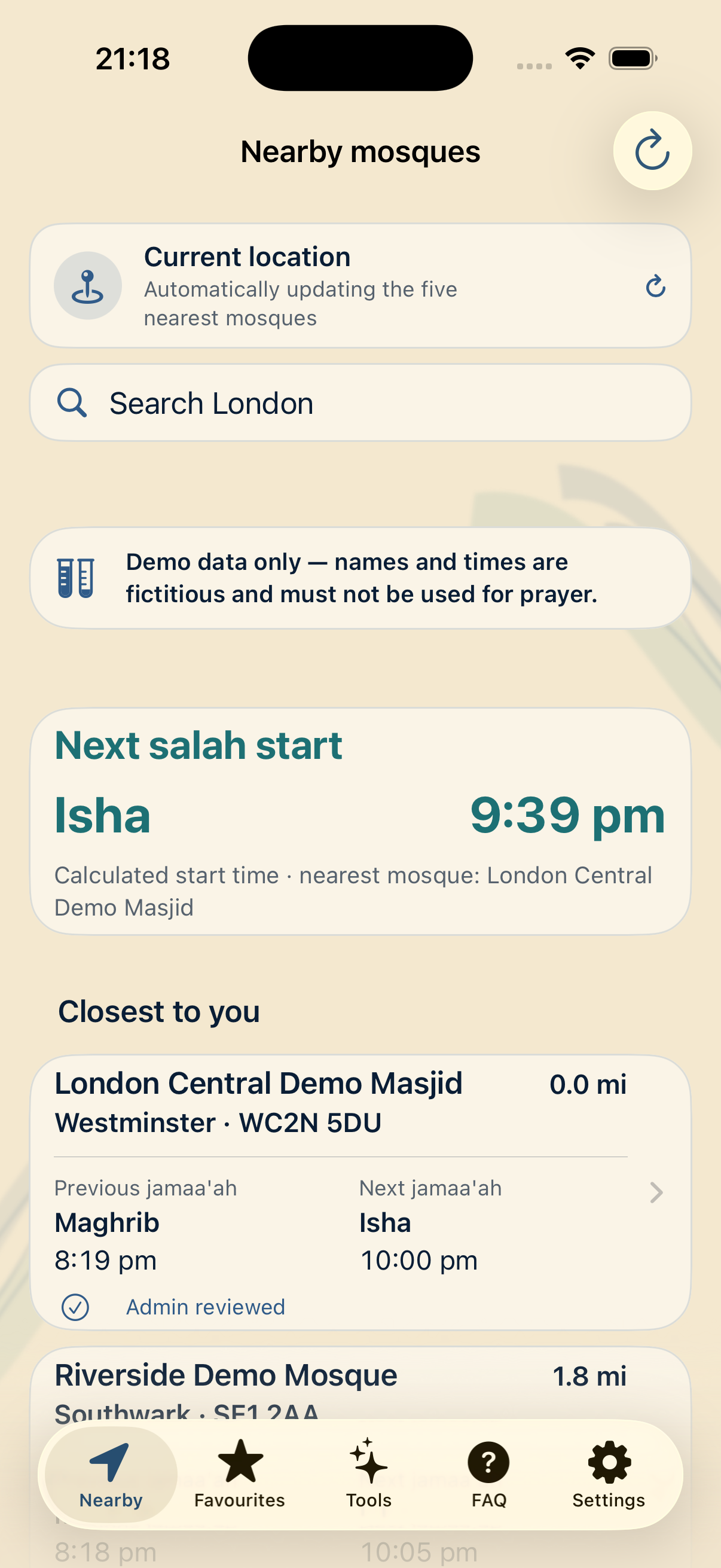 Masjid Near Me nearby-mosques screen in light mode