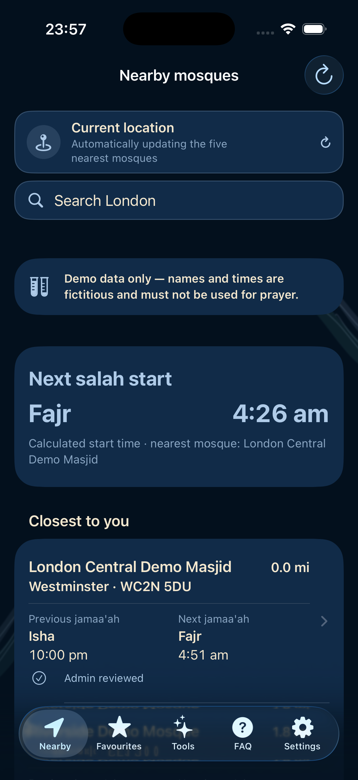 Masjid Near Me nearby-mosques screen showing the next salah start and closest mosques