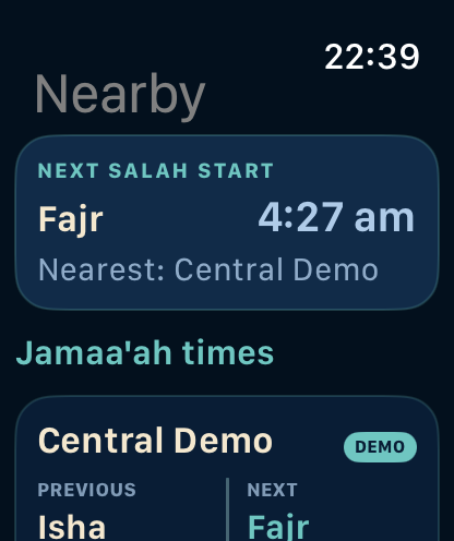 Apple Watch showing the next salah start and jama’ah times