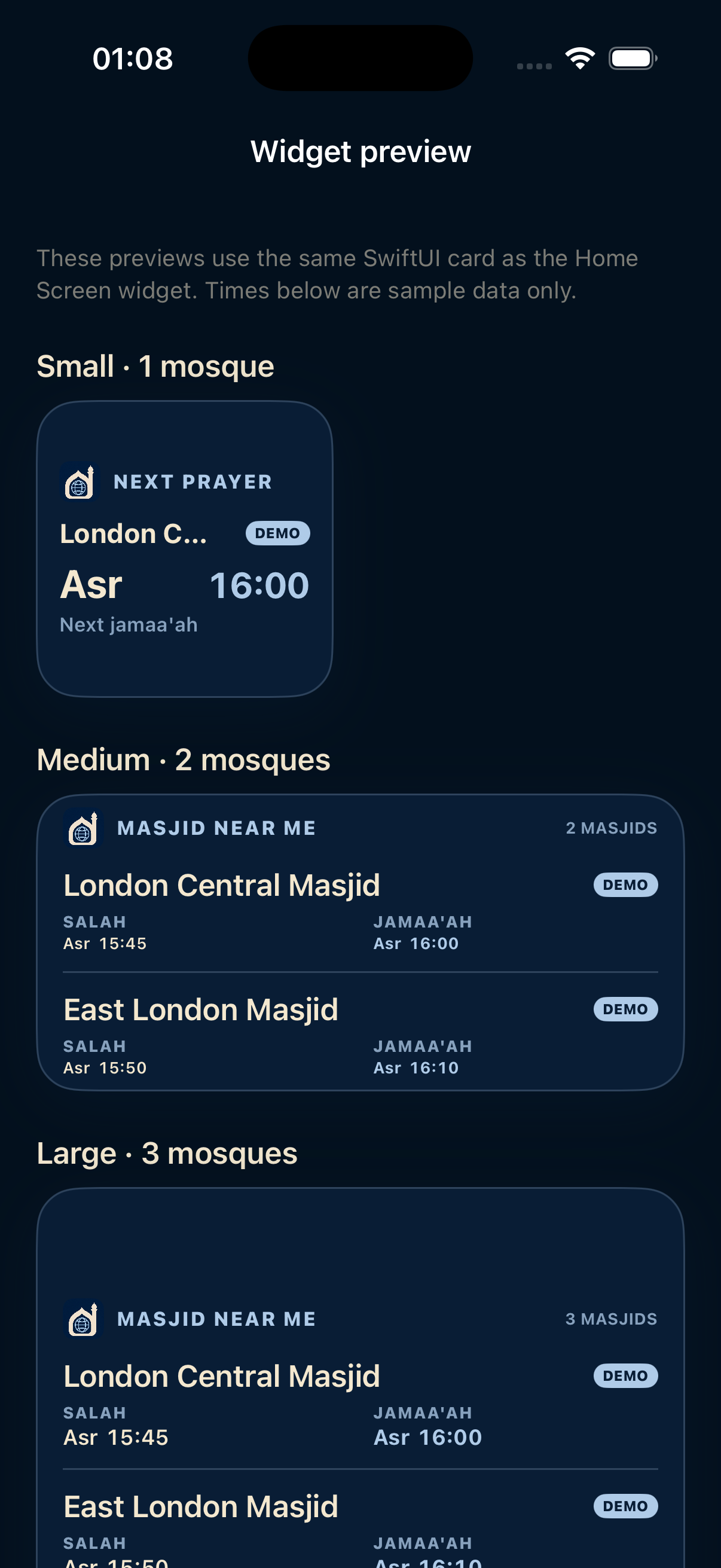 Home Screen widget previews in small, medium and large sizes